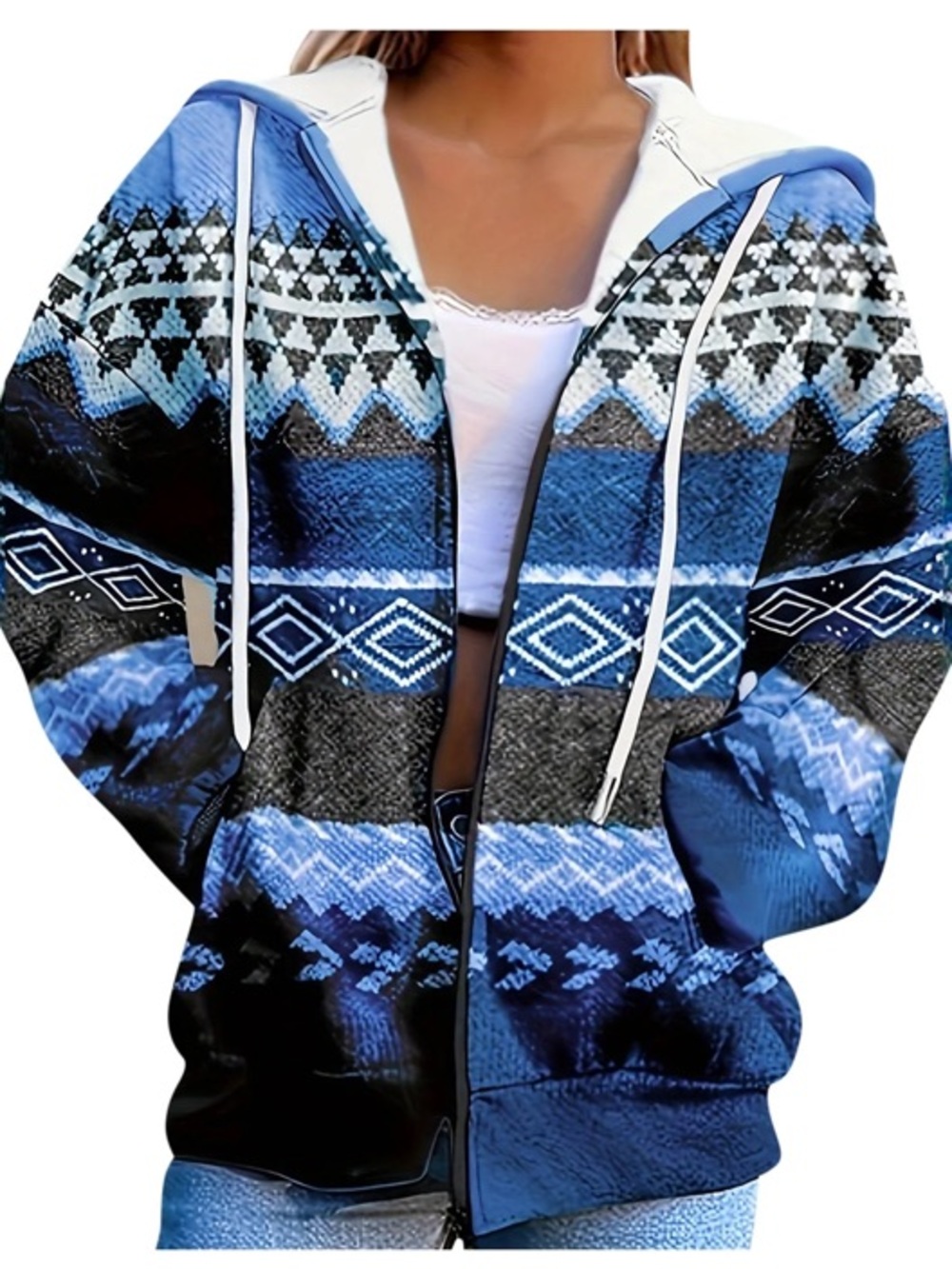 Printed Hooded Jacket Full Zip Hoodie Lightweight Blue Tribal Small New